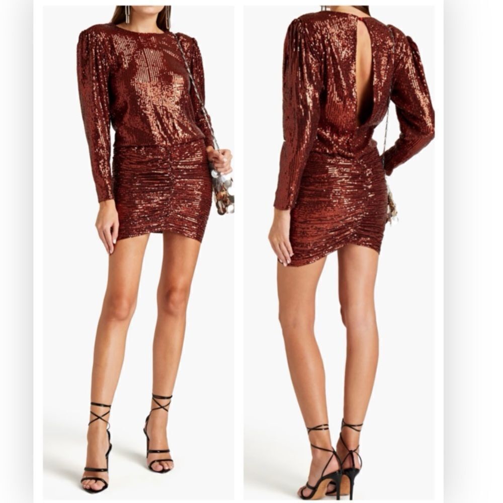 RETROFÊTE Gold Flynn ruched sequined tulle mini dress Copper $658